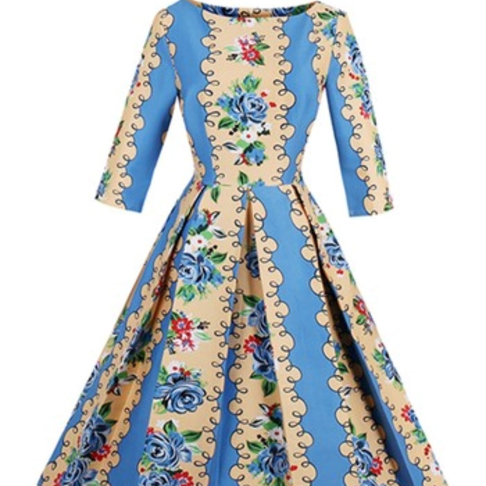 NWT Blue Floral Pleated A-Line Dress Size 12
